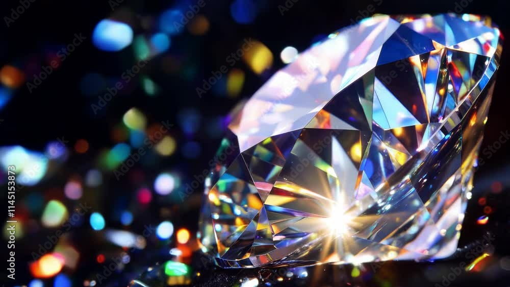 Poster a large diamond glimmers with multi-colored reflections against a dark background, showcasing its in