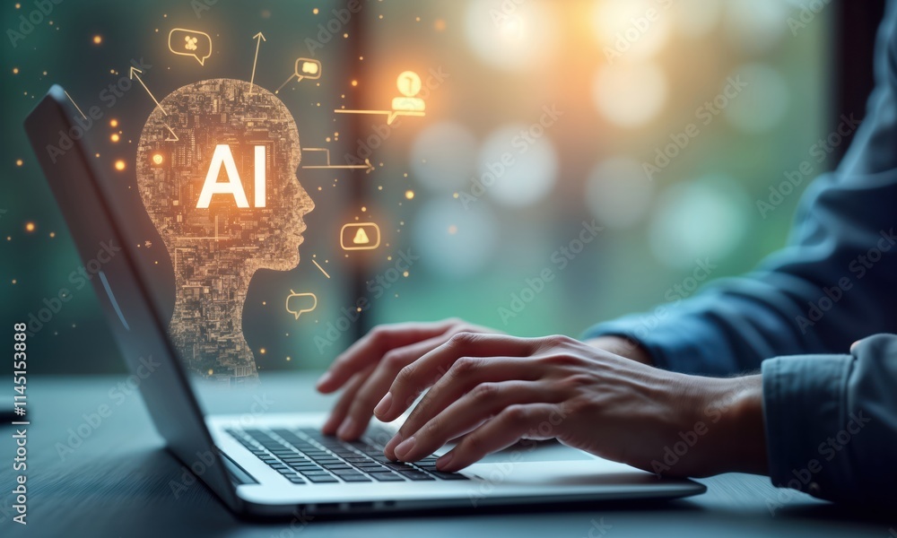 Leinwandbilder person types on laptop interacting with ai virtual assistant. ai concepts like prompt engineering, g