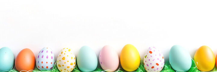 Bright and colorful Easter eggs on a white background with space for text. Perfect for festive and holiday-themed designs