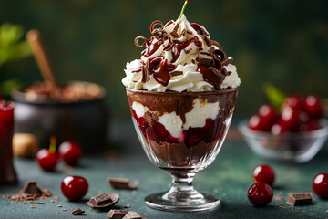 A dessert with whipped cream, chocolate sauce and cherries in a glass bowl