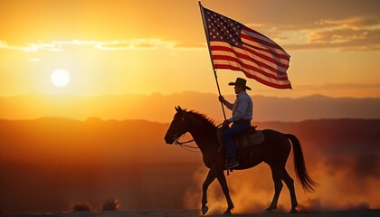Cowboy rides horse with US flag at sunset in Monument Valley. Patriotism, freedom concept. Image conveys sense of freedom, pride. Setting sun creates dramatic silhouette. Dramatic scene shows cowboy