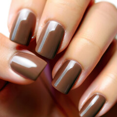 A woman's hand with a manicure in the color Mocha Mousse, the Pantone Color of the Year 2025, on a white background. Perfect for beauty, fashion, and trend-focused designs