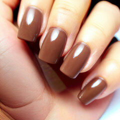 A woman's hand with a manicure in the color Mocha Mousse, the Pantone Color of the Year 2025, on a white background. Perfect for beauty, fashion, and trend-focused designs