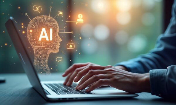 Person types on laptop interacting with AI virtual assistant. AI concepts like prompt engineering, generative AI visualized. Person uses tech for support, communication. Future tech for work support