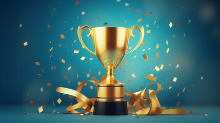 Golden trophy and streamers in sport competition with blue background.	