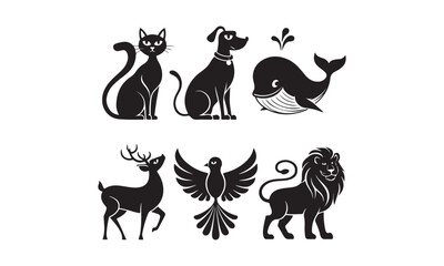 A collection of six black and white animal icons featuring a cat, dog, whale, deer, bird, and lion. Perfect for creative projects, branding, and designs.