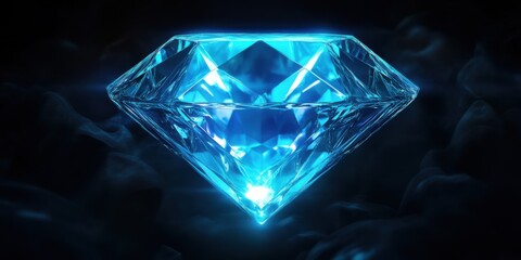 Futuristic glowing neon diamond frame in cyan and electric blue, set against a dark black background