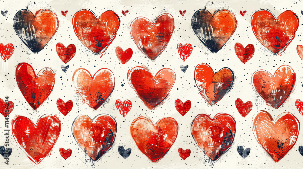 Poster series of hearts are drawn in red and orange with a splash of white. the hearts are arranged in a ro