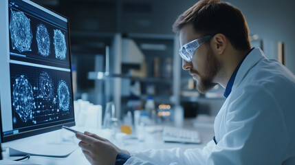 Fototapeta premium Research scientist analyzing data in a laboratory setting during late evening hours
