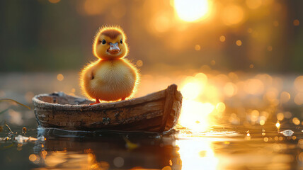 A fuzzy duckling standing on the edge of a tiny wooden boat floating on a calm pond,