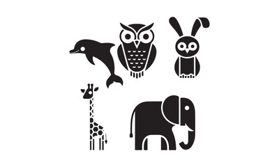 A creative set of black and white animal icons featuring a dolphin, owl, rabbit, giraffe, and elephant. Ideal for graphic design, logos, and branding projects.