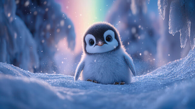 A fuzzy baby penguin sliding down a snowy hill under the soft glow of an aurora,