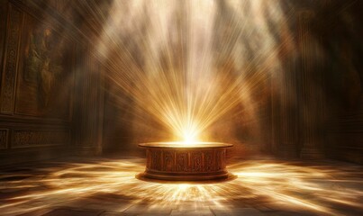 Obraz premium Ornate pedestal, radiant light, ancient chamber.