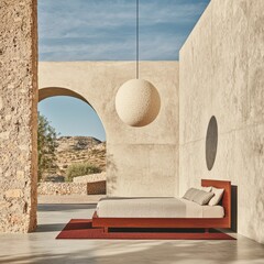 Modern bedroom with minimalist design and natural light.