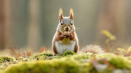 Obraz premium Squirrel munching on a nut in a tranquil forest during golden hour light