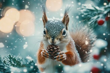 Obraz premium Squirrel juggles pine cone among snow-covered trees during winter