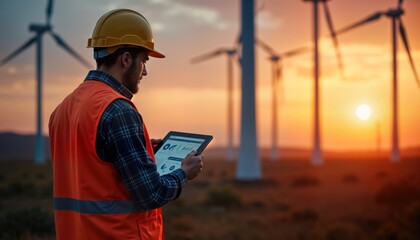 Dedicated electrical engineer monitors power equipment in wind turbine farm at night. Engineer uses tablet to analyze data, measurements. Sunset. Renewable energy. Pro. Expert. Maintenance. Eco