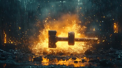 Fiery blacksmith's hammer glowing in forge.