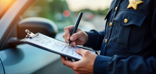 Police officer writes traffic ticket for speeding violation. Officer fills document on clipboard. Closeup view of hands, clipboard. Situation occurs outdoors near vehicle. Law enforcement action in
