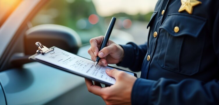 Police officer writes traffic ticket for speeding violation. Officer fills document on clipboard. Closeup view of hands, clipboard. Situation occurs outdoors near vehicle. Law enforcement action in