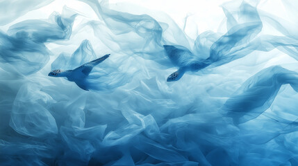 Obraz premium Plastic Bags Floating in the Ocean. A collage of discarded plastic bags drifting in the water, merging with marine life like fish, turtles, and coral, symbolizing the impact of pla