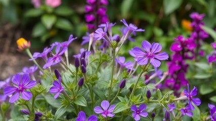 Fototapeta premium Purple flower petals and leaves in a lush garden setting, nature, growth, summer