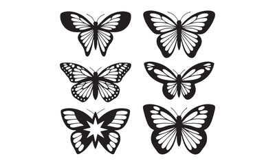 A collection of five butterfly silhouettes with symmetrical black and white wing designs. Perfect for logos, crafts, decorations, and artistic projects.