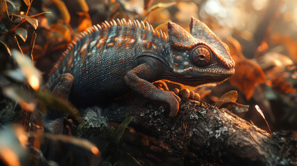 A horned chameleon creeping along a branch in the dense forest, its textured skin changing colors to match its surroundings. The intricate patterns of the jungle add depth to the scene."