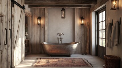 Rustic copper bathtub in a farmhouse bathroom.