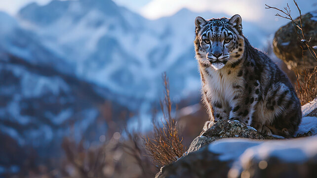 A majestic snow leopard perched on a rocky outcrop high in the Himalayas, its thick fur blending perfectly with the icy surroundings. The piercing blue sky and distant snow - Powered by Adobe