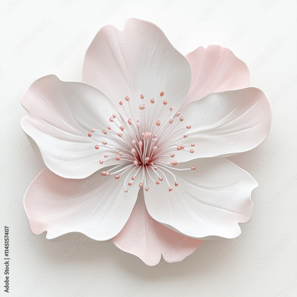 Poster softly curved sakura flower in 3d with gentle shading on each petal, placed on an immaculate white b