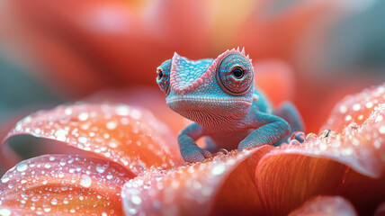 A miniature baby chameleon hiding on a vibrant red flower, blending into its petals,