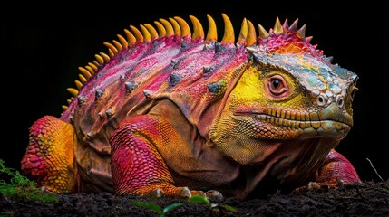 Obraz premium Vibrant fantasy lizard creature with colorful scales and yellow spikes resting on dark soil, 3D digital illustration.
