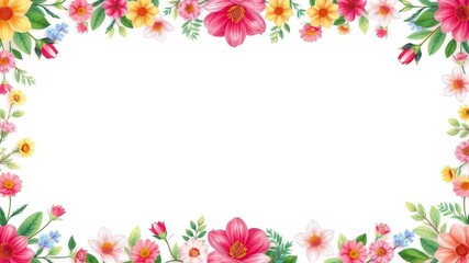 Fototapeta premium Rose flower and green leaves arranged in a beautiful frame, pattern, nature, border