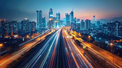 A vibrant city skyline at dusk with light trails from busy traffic on a highway.