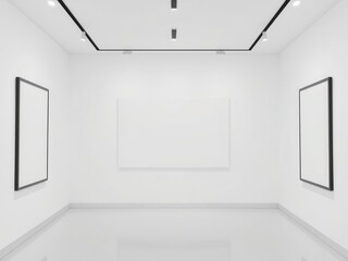 Three vertical mock up posters showcasing art on a blank white wall, blank, presentation, empty