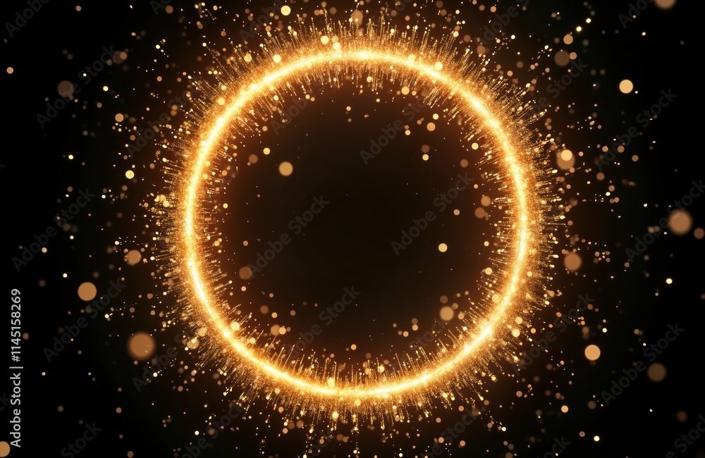 Leinwandbilder Circular frame of bright golden light sparkles, glitter particles on dark background. Dynamic design of glowing particles create circle of light. Golden ring of light shines. Abstract illustration
