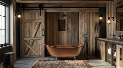 Rustic bathroom with copper tub, barn door, and wood walls.