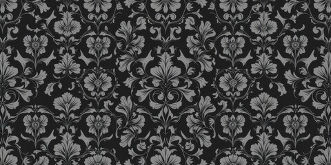 Seamless floral wallpaper design in charcoal tones with delicate flower and leaf motifs, vintage, charcoal