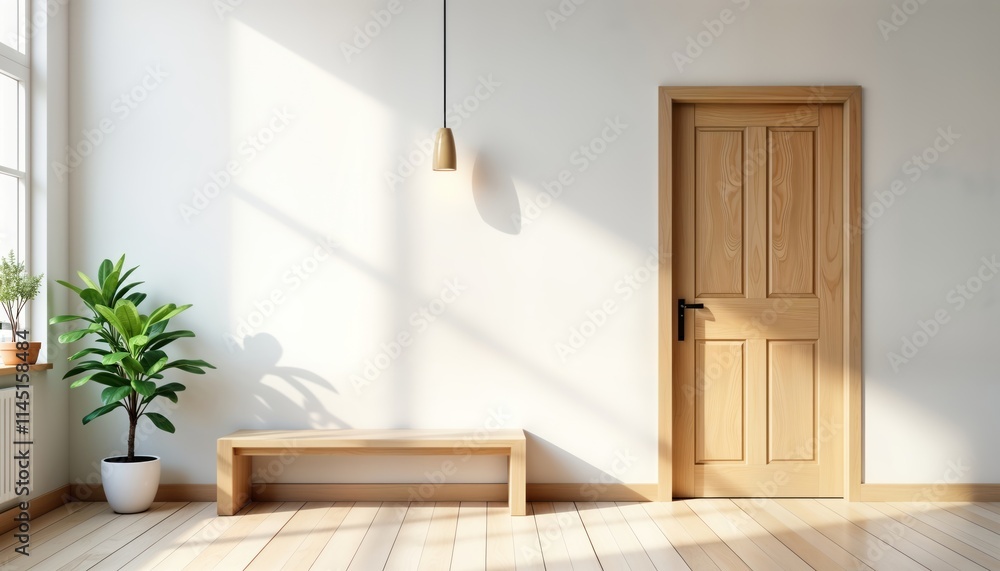 Aufkleber empty room with light wooden door and bench. sunlight enters through window creating shadows. modern