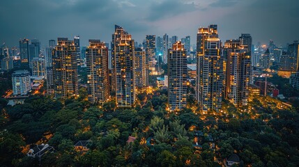 A vibrant city skyline illuminated at dusk, showcasing modern architecture amid greenery.