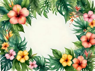 Watercolor Botanical frame with tropical flowers and green leaves