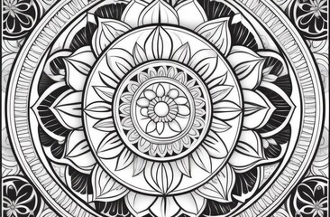 Ornate black and white mandala illustration featuring detailed floral and geometric patterns radiating outward, showcasing intricate artistry symbolic design with a blank center circle customization