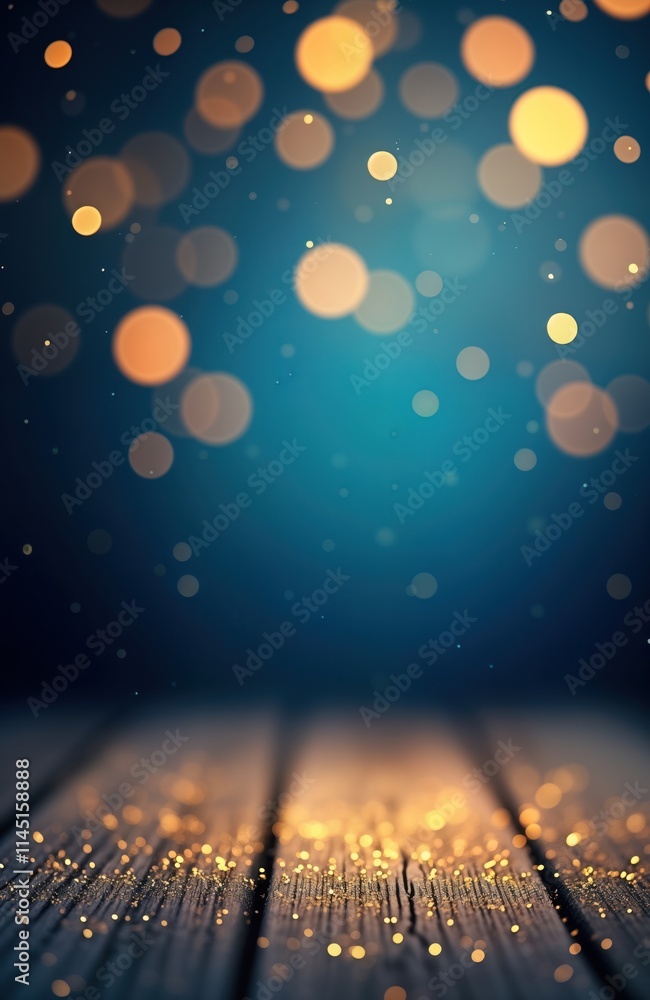 Poster abstract festive background with shimmering gold bokeh on dark blue. glittering gold specks on woode