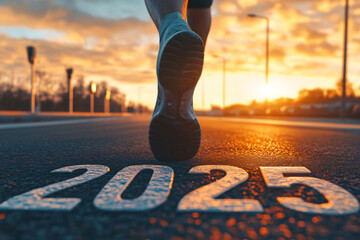 A runner's perspective with 2025 written on the road under a glowing sunset sky