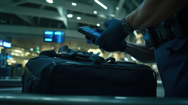 Security personnel meticulously inspecting luggage at airport checkpoint, ensuring safety and compliance with travel regulations. The scene emphasizes the importance of thoroughness in maintaining pub
