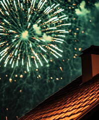Bright green fireworks exploding over a house rooftop in the night sky