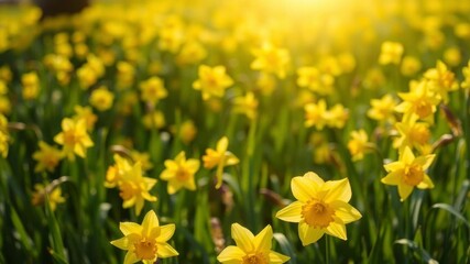 Fototapeta premium Vibrant yellow daffodil flowers blooming in a lush green field under the bright sun, yellow, flowers, nature