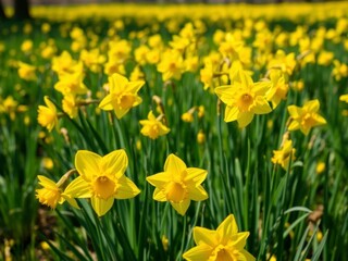 Fototapeta premium Vibrant yellow daffodil flowers swaying in the breeze on a sunny field, nature, yellow, sunshine