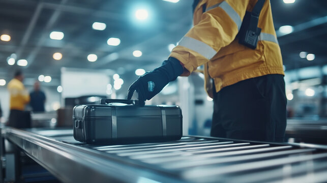 Security personnel meticulously inspecting luggage at airport checkpoint, ensuring safety and compliance with travel regulations. The scene emphasizes the importance of thoroughness in maintaining pub